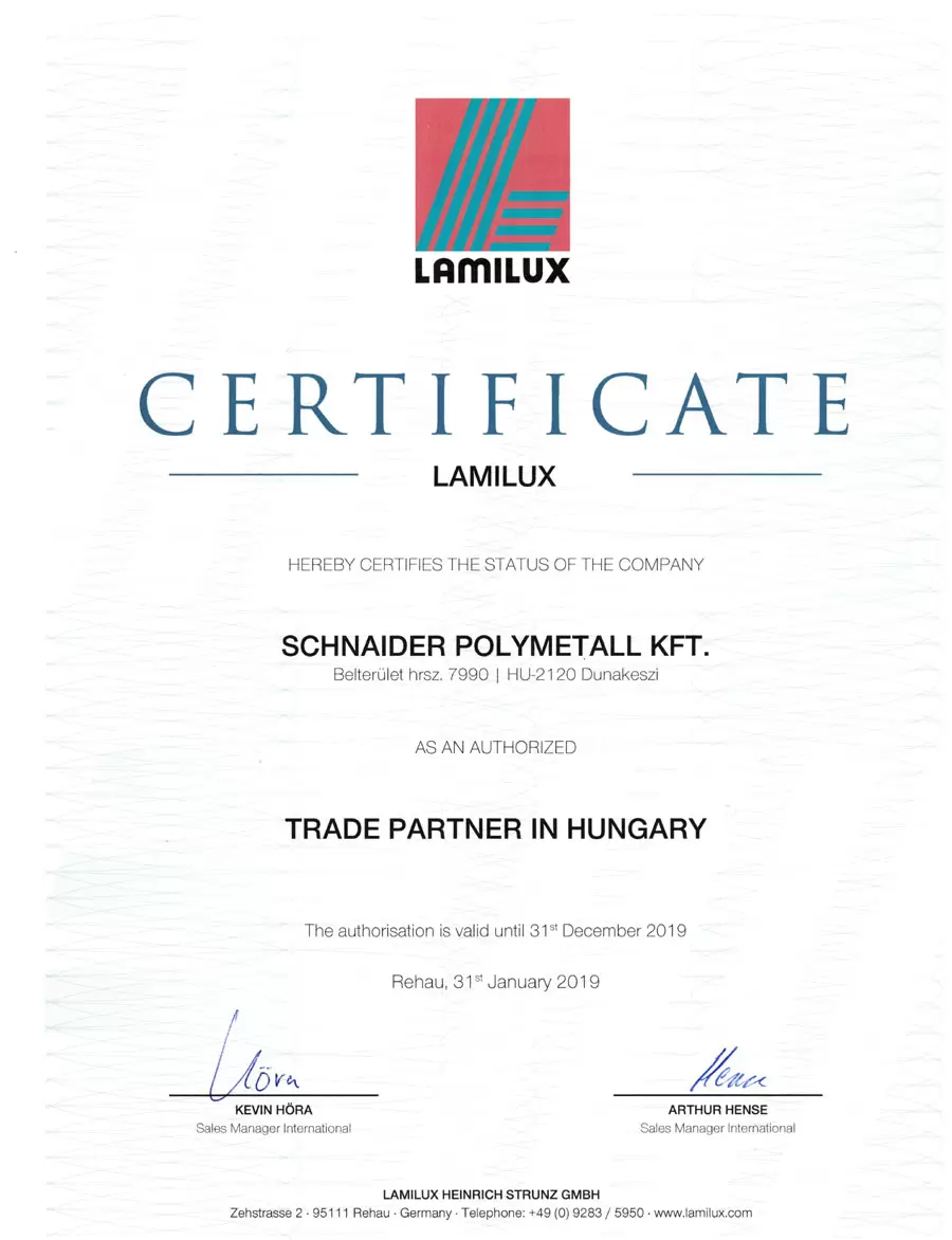 Lamilux hivatalos forgalmazó tanusítvány